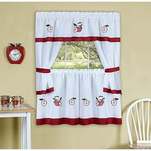 Embellished Cottage Kitchen Curtain Set With Red Apples, 58X36 Inches - Picture 1 of 1